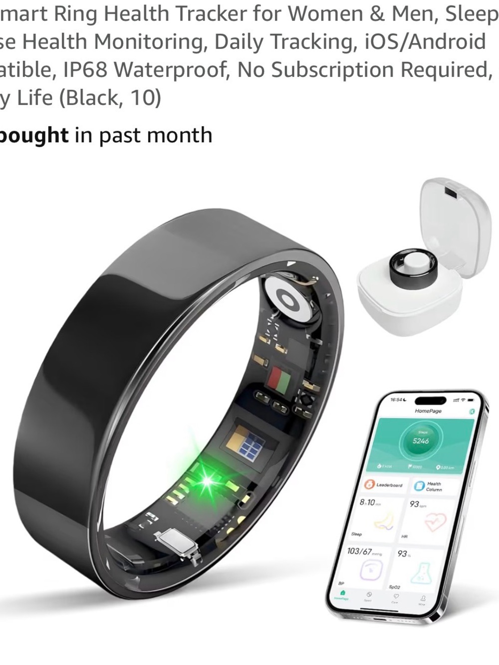 Smart Health Tracking Ring (Black) - Wearable Sleep & Fitness Monitor size 10